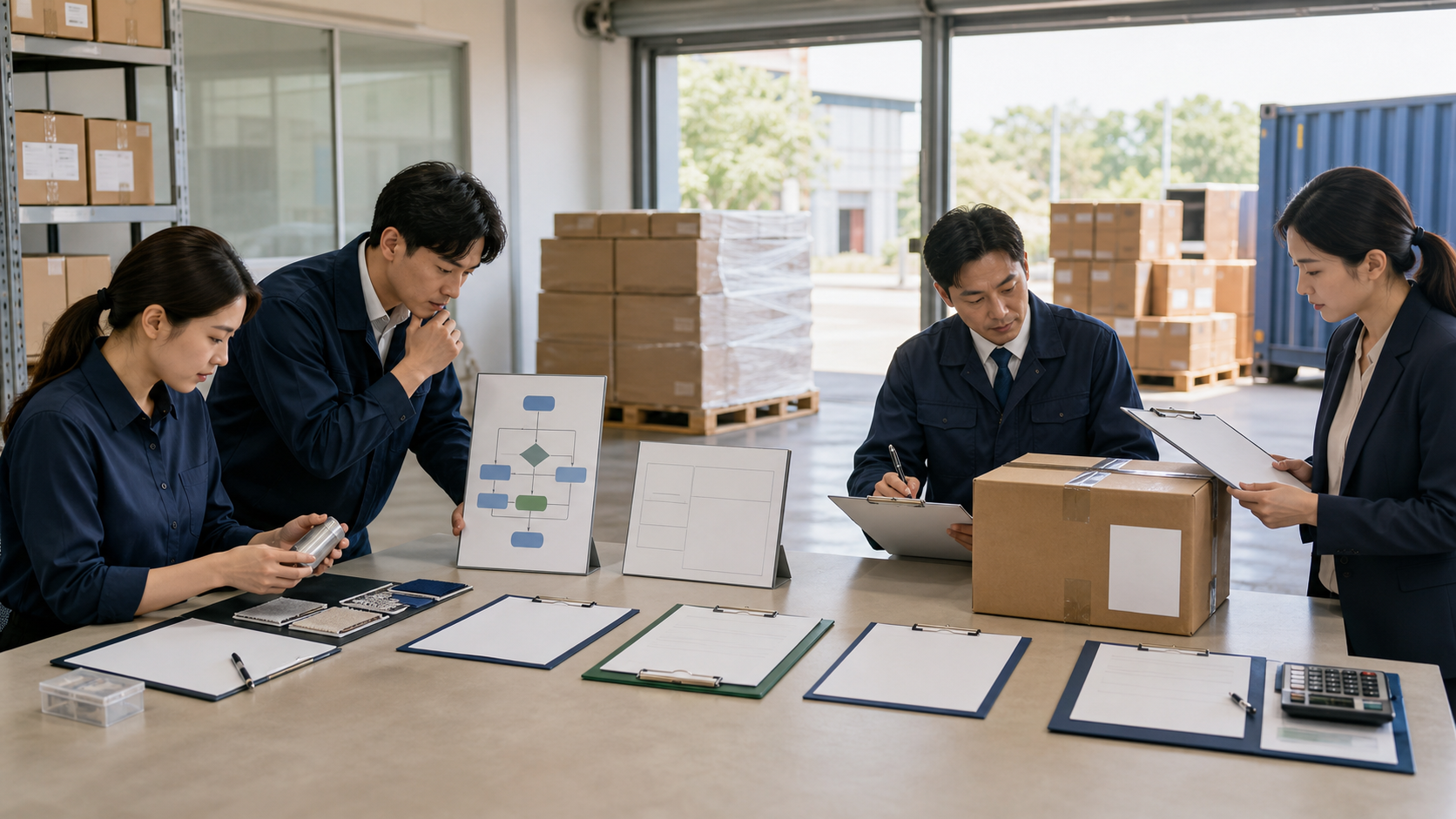 첫 수출팀이 제품사양·HS코드·계약·통관·원산지·대금회수 서류를 순서대로 점검하는 장면