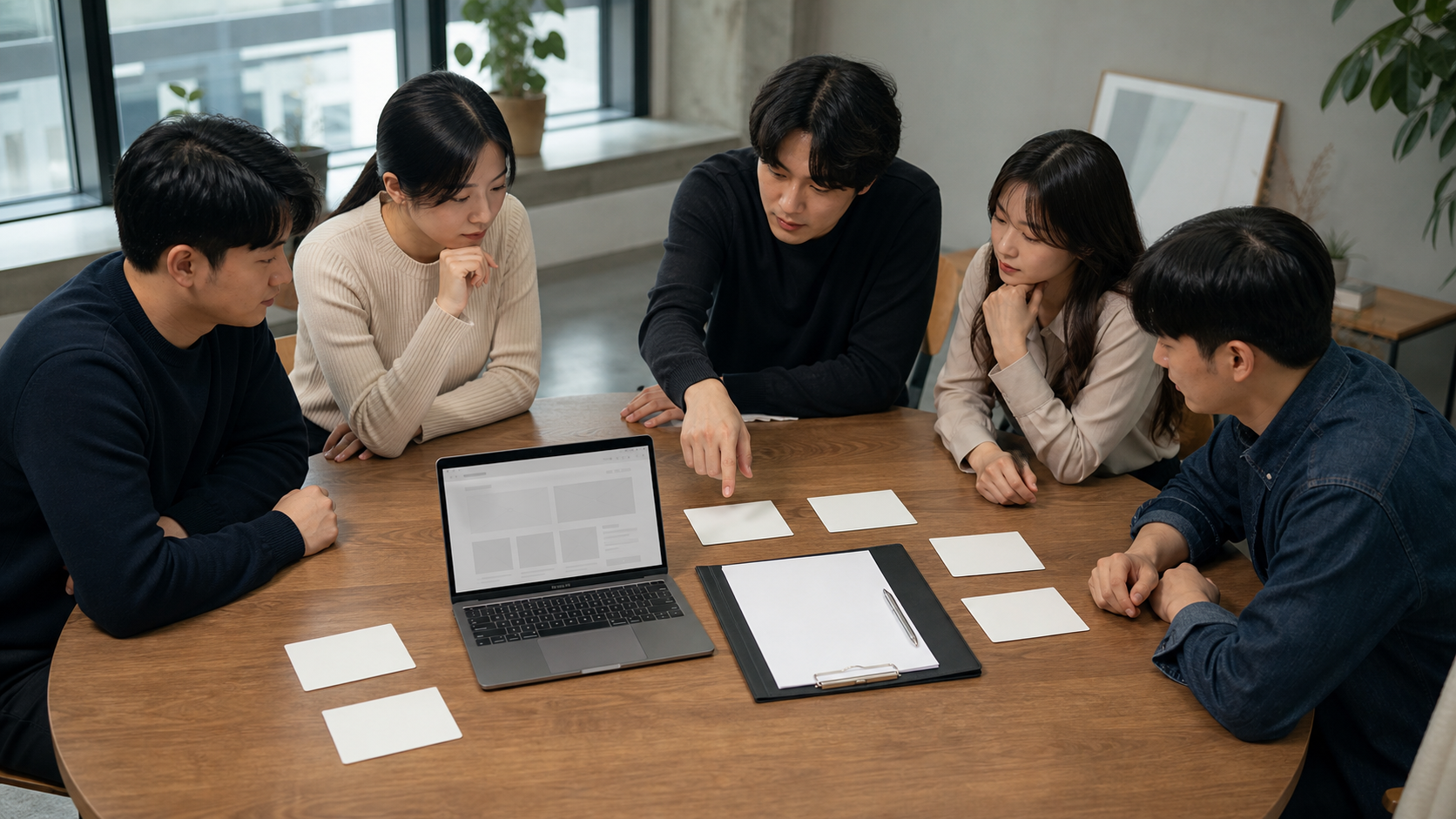 스타트업과 웹 제작팀이 목적·사용자·페이지·SEO·소유권·유지보수를 결정하는 발주 회의