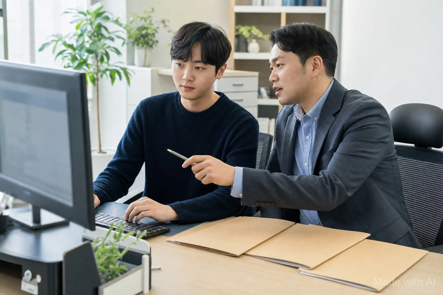 담당자와 함께 벤처기업확인 온라인 신청 내용을 점검하는 모습