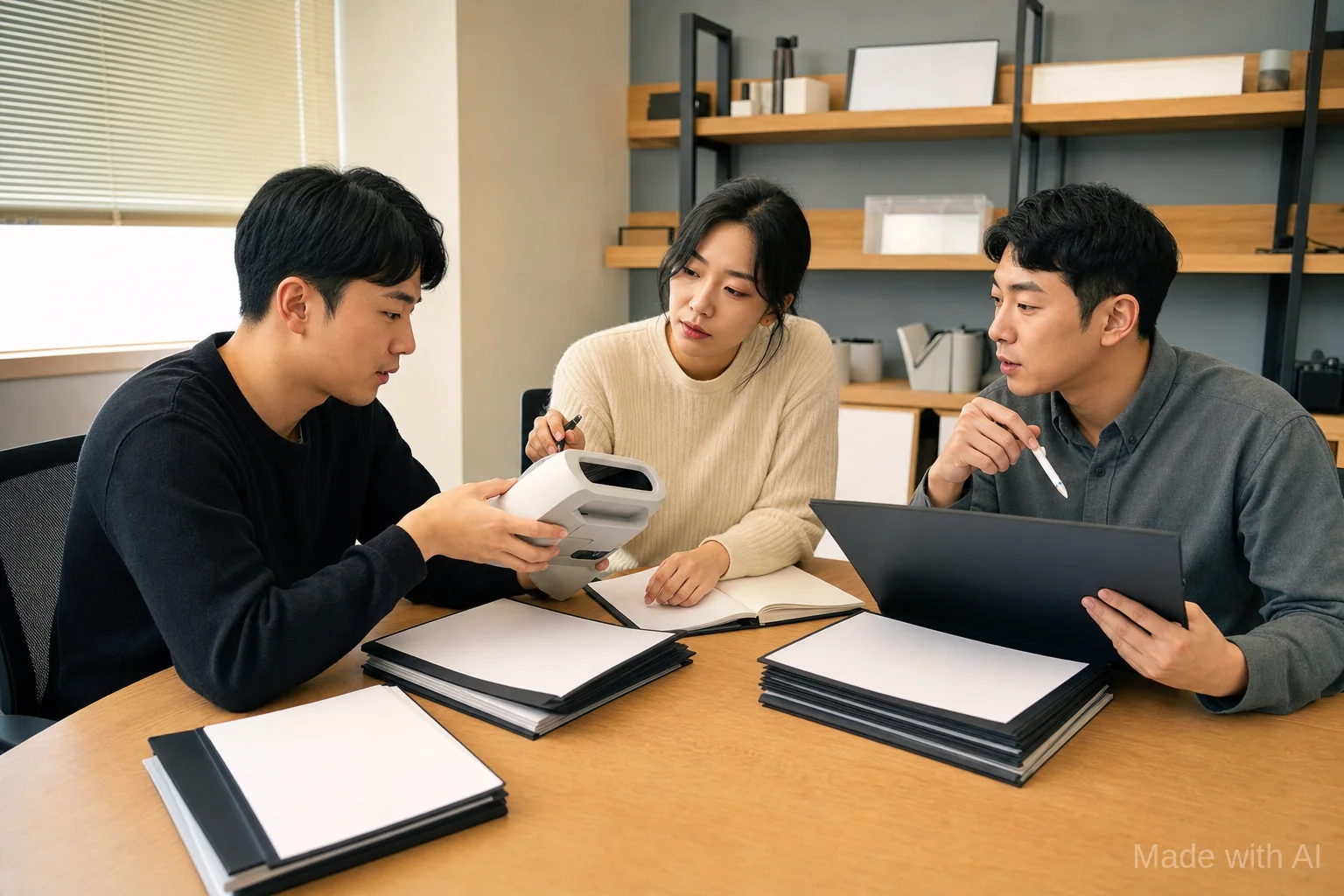 벤처기업확인 신청 전 증빙자료와 제품 실물을 함께 검토하는 팀